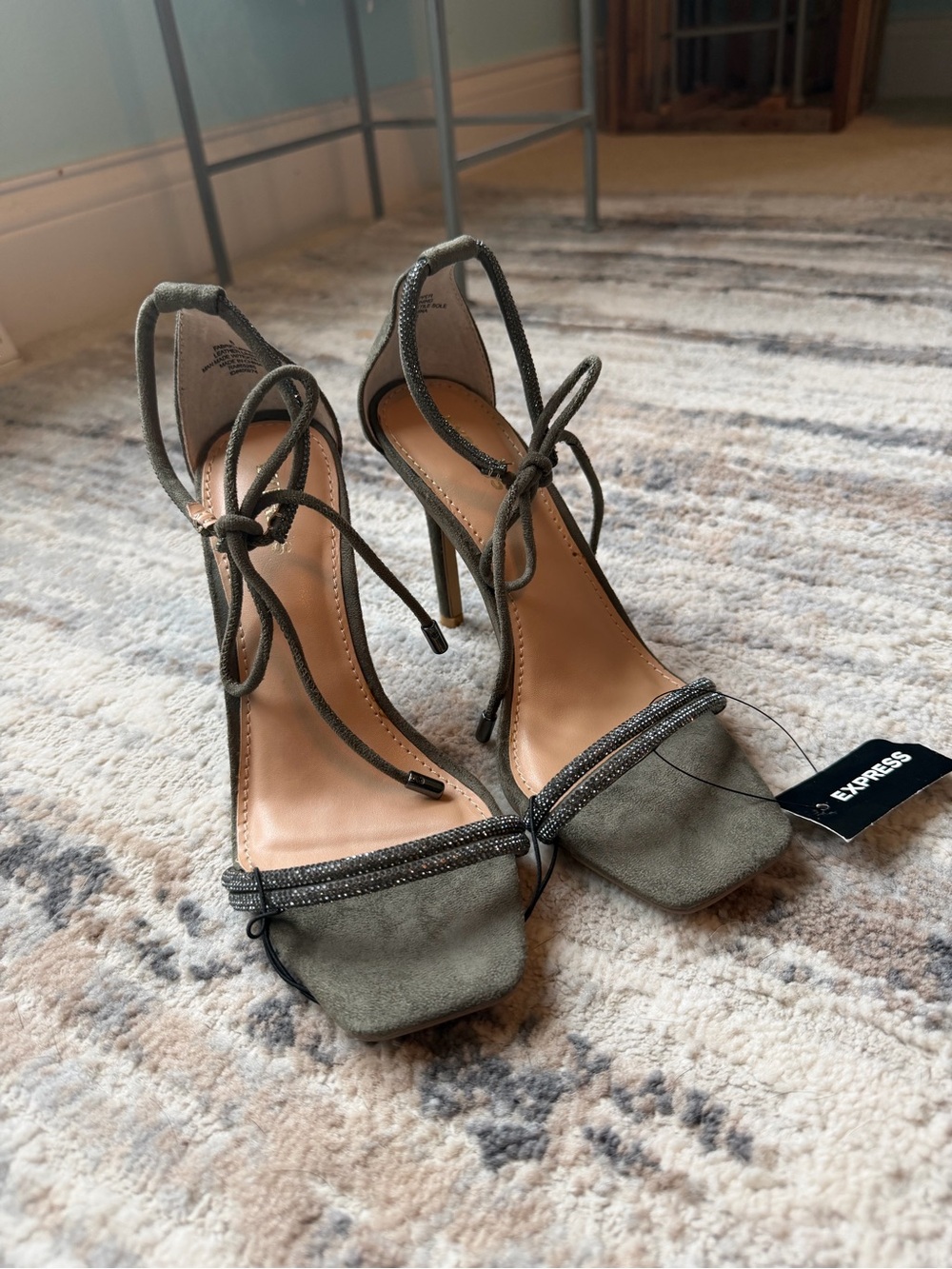 Express Olive Suede Lace-Up Stiletto Sandals with Square Toe